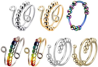 Dailygoods- Stressring Verstelbaar - Fidget Ring - Parelrotatiering - Angstspeler - Koper - 7 Stuks - Fidgetring