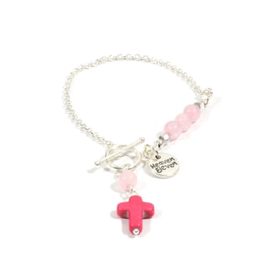 Heaven Eleven - dames - armband - Ibiza - zilver - plating - schakel - 2mm - edelsteen - Rozenkwarts - pink - kruisje - 18cm