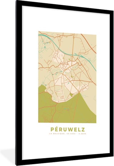 Fotolijst incl. Poster - Stadskaart - Retro - Péruwelz - Kaart - Plattegrond - 60x90 cm - Posterlijst