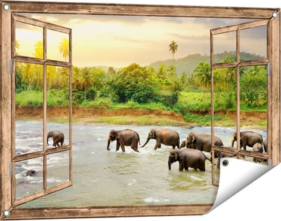 Gards Tuinposter Doorkijk Kudde Olifanten in het Water - 90x60 cm - Tuindoek - Tuindecoratie - Wanddecoratie buiten - Tuinschilderij