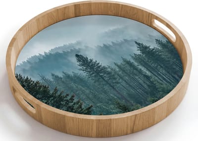 Dienblad rond 40x40 cm - Schootdienblad hout - Naaldwoud - Bergen - Mist - Borrelplank rechthoek - Plateau houten dienbladen