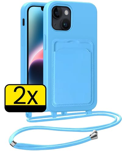 Hoesje Geschikt voor iPhone 13 Telefoonhoesje Met Koord Case Pashouder Siliconen - Hoes Geschikt voor iPhone 13 Hoesje Met Kaarthouder - Lichtblauw - 2 Stuks