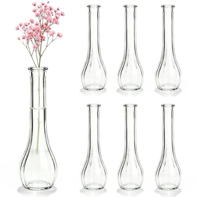 glazen vazen, 6 stuks bloemenvazen, kleine vazen voor tafeldecoratie, vazenset, glazen budenvazenset met ribben voor tafeldecoratie, bruiloft, feest, eettafel, tafelvaas, tafelopzetstuk