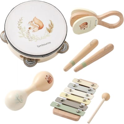 Instruments de Musique Montessori Pour Enfants Jouets en Bois pour Bébés Instrument de Musique Enfant Jouets pour Tout-Petits Jeux d'Écureuil Ensembles d'Instruments Cadeau beige