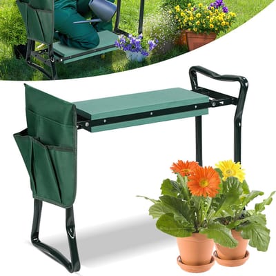 Multifunctionele Tuinbank en Kniekussen 2-in-1 voor Tuiniers – Zachte EVA Schuimvulling, Stabiele Stalen Handgrepen, Belastbaar tot 150 kg, Met Afneembare Gereedschapstas