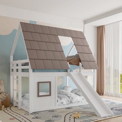 Komhtom Houten stapelbed 140 x 200 met dak, ladder en glijbaan, wit + bruin