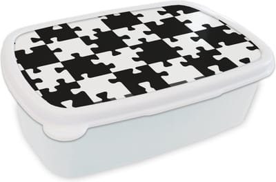 Broodtrommel Wit - Lunchbox - Brooddoos - Puzzel - Schaken - Patronen - 18x12x6 cm - Volwassenen