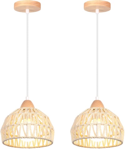 2 Stuks Boho Hanglamp Geweven E27 Plafondlamp voor Slaapkamer Kroonluchter voor Woonkamer Keuken Hal Wit