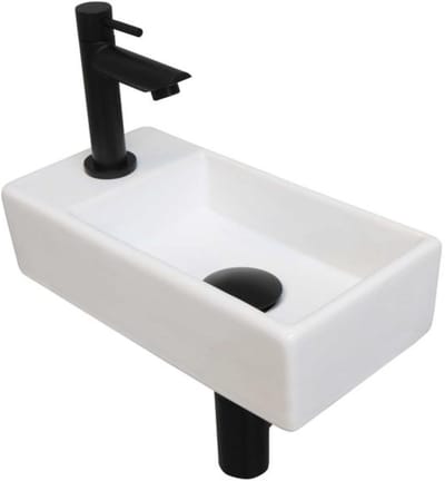 INK - Fonteinpack Porselein Links incl. Fonteinkraan - Design Sifon - Design Plug en Montageset - 360x180x90 Mm - Glans Wit/mat Zwart