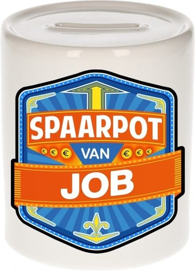 Bellatio Decorations Kinder spaarpot met naam - Job - keramiek - met dop - wit - Sparen - Spaargeld van Job