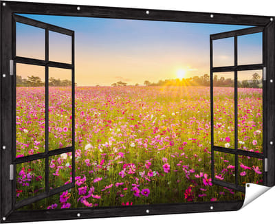 Gards Tuinposter Doorkijk Bloemenveld met Roze Kosmos - 180x120 cm - Tuindoek - Tuindecoratie - Wanddecoratie buiten - Tuinschilderij