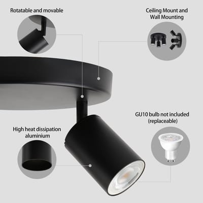 LED Plafondspot 3-Bulb Zwart Plafondlamp GU10 Plafondspots 23 x 10 cm Moderne Draaibare Lamp voor Keuken Slaapkamer Woonkamer