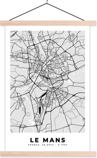 Posterhanger incl. Poster 40x60 cm - Schoolplaat - Plattegrond - Le Mans - Stadskaart - Kaart - Frankrijk - Textielposter - Blanke latten - Stadskaart