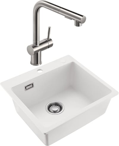 CECIPA max Spoelbak voor keuken 40x45CM - Graniet Spoelbakken Met Keuken Kraan - Enkele spoelbak Wit - Met waterafvoersysteem - Voor 40 cm kast