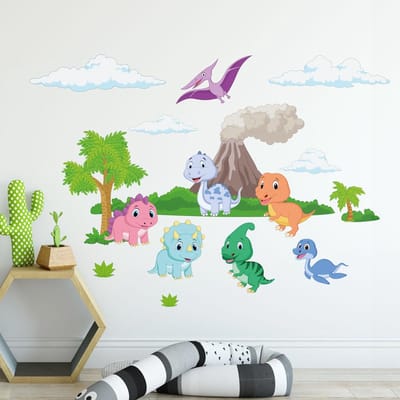 Muurstickers - Dinosaurussen en de vulkaan - Zelfklevende stickers - 90x60cm