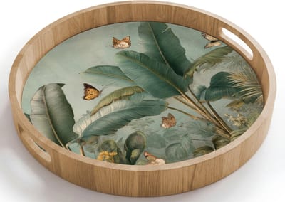 Dienblad rond 40x40 cm - Schootdienblad hout - Tropisch bladerdek - Vlinders - groen - Bruin - Borrelplank rechthoek - Plateau houten dienbladen