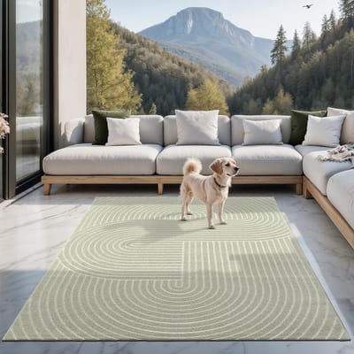 the carpet Santo Plus – Weerbestendig outdoor vloerkleed met 3D patroon, geschikt voor balkon, terras en woonkamer, groen met boho-accenten, 80 x 150 cm