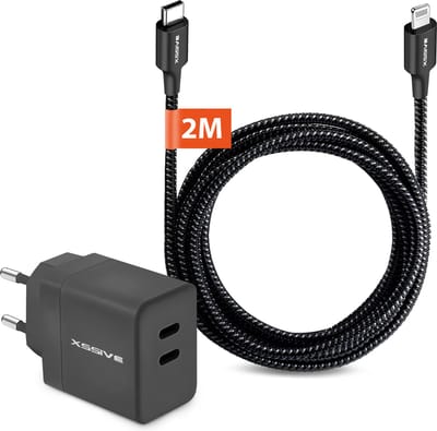 USB C Adapter met USB-C naar Lightning Kabel - 2 Meter - Oplader 2 Poorten - Geschikt voor iPhone en iPad met Lightning poort