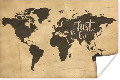 Poster 30x20 cm - Wereldkaart - Just Go - Vintage - Posters - Kamer decoratie - Wanddecoratie woonkamer - Muurdecoratie slaapkamer