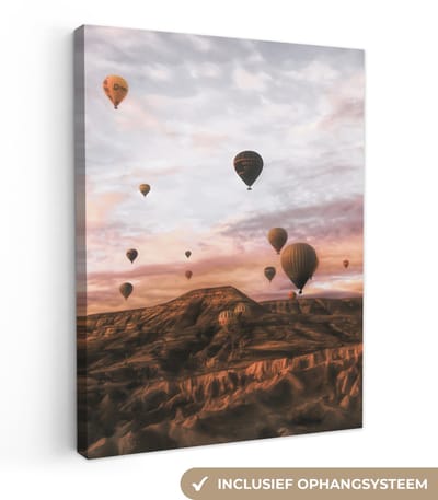 Canvas schilderij 30x40 cm - Wanddecoratie Landschap - Luchtballon - Bergen - Bruin - Muurdecoratie woonkamer - Slaapkamer decoratie - Kamer accessoires - Schilderijen op canvas