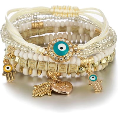 Bohemian Handgemaakte Armband Set Voor Vrouwen Fatima Hand Boze Oog Hart Bedel Verstelbare Touwketting Armband Mannen Dagelijkse Draag Sieraden beige