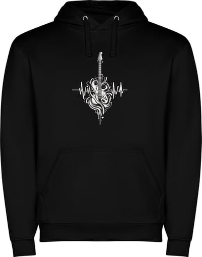 Zwarte unisex hoodie met “ Kleurrijke Gitaar met hartslag - Heartbeat - Muziek “ Print Full Color Color merk Roly maat S