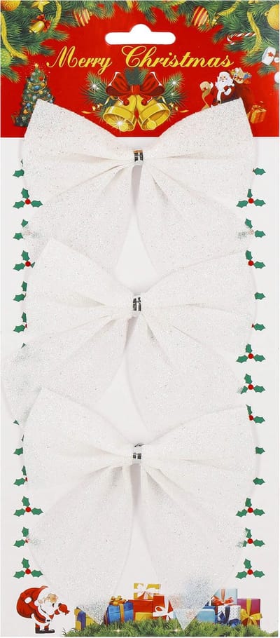 Springos Kerstboomhanger | Strik | Wit | Glitter | 3 Stuks | 11 Cm