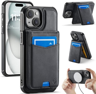 Casemania Hoesje Geschikt voor Apple iPhone 15 - Charcoal Gray - Geschikt voor MagSafe - Back Cover met Afneembare Magnetische Pasjeshouder met Standaard - Telefoonhoesje en Kaarthouder
