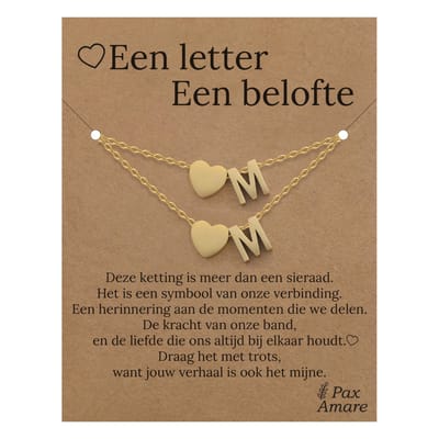 Letter M ketting + armband set op Cadeau Kaartje - Een letter, een belofte - Goudkleurig Stainless Steel - Initiaal & Hartje Hanger - Pax Amare