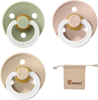 Bibs fopspenen Maat 1 0-6 maanden| Set 3 stuks| Glow Sage, Vanilla, Blush + Monkiezz speenzakje
