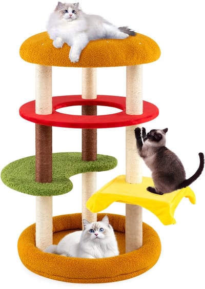 COSTWAY krabpaal, hamburger-thema, kattenboom met bed, sisal krabplank & platforms, zachte klimboom, kattenkattenmeubels, houten kattenkrabpaal, kleurrijk (106 cm hoog)