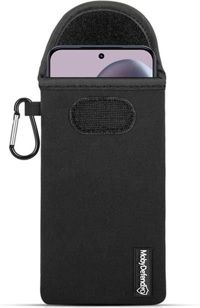 MobyDefend Hoesje - Geschikt voor Motorola Edge 50 Neo / Edge 60 Neo - Neopreen Pouch Met Karabijnhaak - Insteek - Riemlus - Zwart