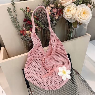 Dames zomer strandtas, beige gehaakte strandtas, opvouwbaar en lichtgewicht, bohemian stijl, geschikt voor vakantie, winkelen en dagelijks gebruik,roze