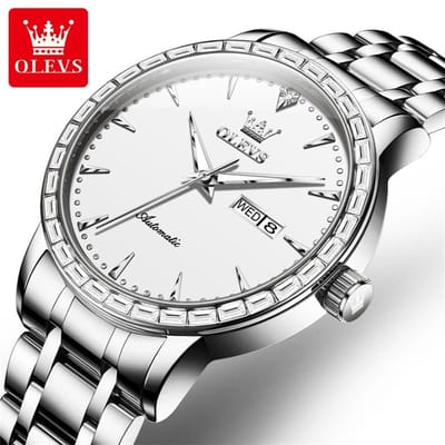 HO-7019.z : Olevs zilverkleurig tourbillon/mechanisch edelstaal heren horloge, zilverkl wijzerplaat, luminiscerend, dagnaam, kalenderdag, zirkonia's
