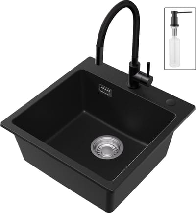 CECIPA max Granietn Spoelbak 45x45cm - Spoelbakken Met Keukenkraan en Zeepdispenser - Spoelbak Met Kraangat - Granieten gootsteen Antraciet - Onderbouw Spoelbak - 80% kwartszand en 20% hars