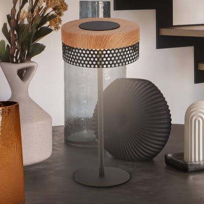 B.K.Licht Booha - Oplaadbare Tafellamp - snoerloze lamp - dimbaar - voor buiten en binnen - zwart met hout - Ø16cm x 35cm