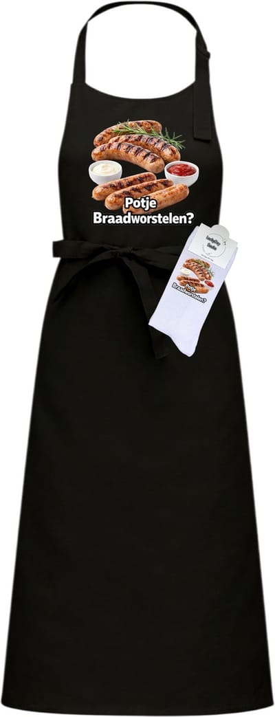 Luxe Hobby Keukenschort en sokken met tekst - Cadeau set - Braadworstelen - Pensioen cadeau - Zwart - Verstelbaar - Cadeau idee - Verjaardag cadeau - Cadeau dames en heren - Moederdag - Vaderdag - Afscheid - Kerst cadeau - Grappig cadeau - Onesize