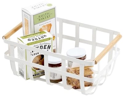 Opbergmand met Houten Handgrepen - Wit Staal/Hout (36 x 22 x 16 cm)