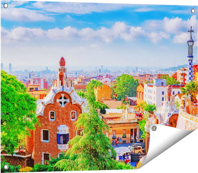 Gards Tuinposter Park G�ell in Barcelona - Kleurrijk - 80x60 cm - Tuindoek - Tuindecoratie - Wanddecoratie buiten - Tuinschilderij