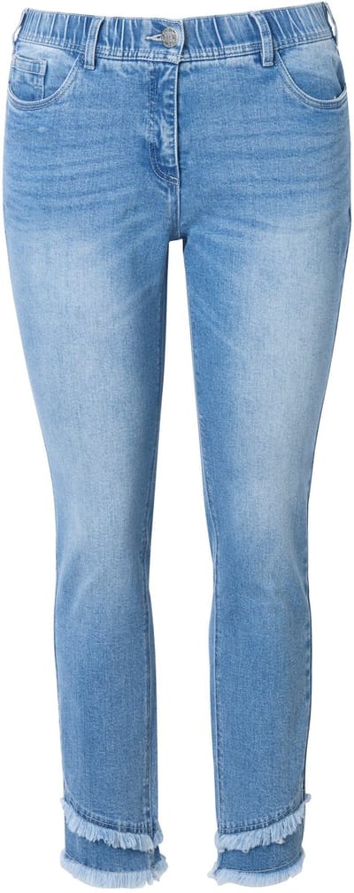 Ulla Popken - Dames - Jeans Sarah gerafelde zoom smalle pijpen enkellengte - Licht blauw denim - Maat 56