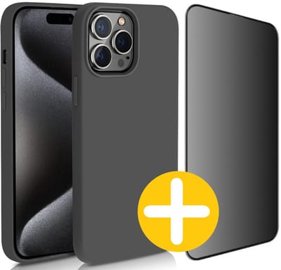 Hoesje en Privacy Screenprotector Combi Geschikt Voor iPhone 15 Pro - Zwart Hoesje + Privacy Glas