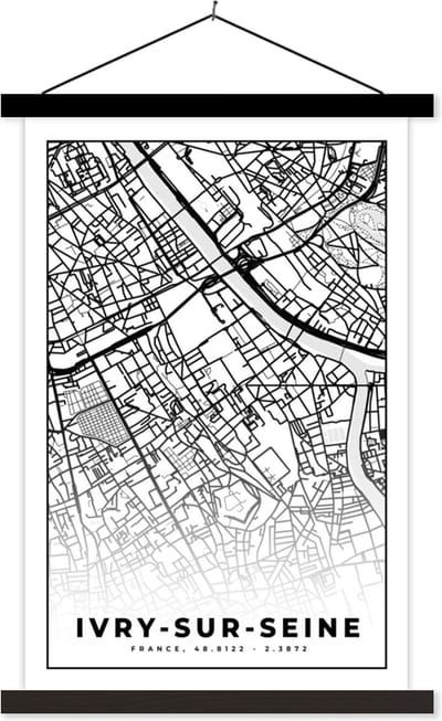 Posterhanger incl. Poster 40x60 cm - Schoolplaat - Kaart - Ivry-sur-Seine - Stadskaart - Frankrijk - Plattegrond - Zwart wit - Textielposter - Zwarte latten - Stadskaart