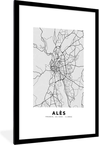 Fotolijst incl. Poster - Kaart – Stadskaart – Alès - Plattegrond – Frankrijk - 60x90 cm - Posterlijst