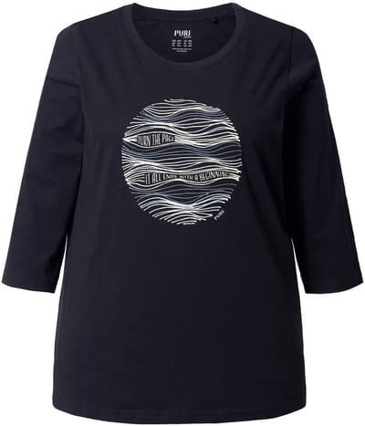 Ulla Popken - Dames - Shirt motiefprint ronde hals 3/4-mouwen biologisch katoen - Zwart - Maat 42+