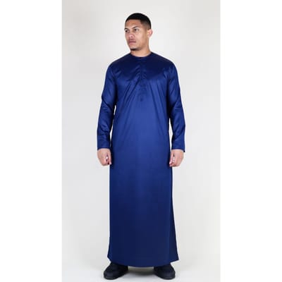 Marineblauwe Thobe-robe voor heren, satijn, Emirati islamitische Jubba Eid, slim fit