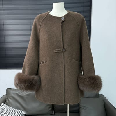Nieuwe Dubbelzijdige Wollen Jas, Schattige Meisjesachtige Eenvoudige Versie, Afneembare Vossenbont Chinese Stijl Cape Stijl Jas voor Dames M black