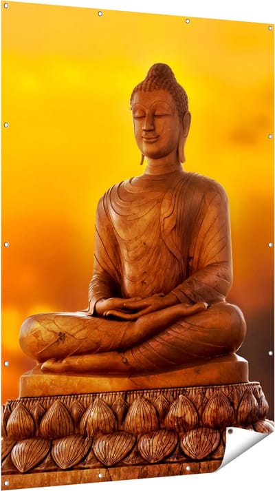 Gards Tuinposter Boeddha Standbeeld bij Zonsondergang - 120x180 cm - Tuindoek - Tuindecoratie - Wanddecoratie buiten - Tuinschilderij