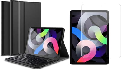 Hoes met Toetsenbord geschikt voor iPad Air 2022 / 2020 10.9 inch - Kunstlederen Book Case Cover Hoesje met Toetsenbord Zwart - Tempered Glass Screenprotector