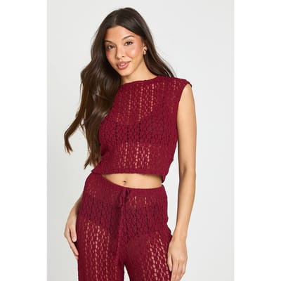 boohoo Dames Baby Tee Met Bloemenkant En Korte Mouwen | Bordeaux Rood | Maat: 34