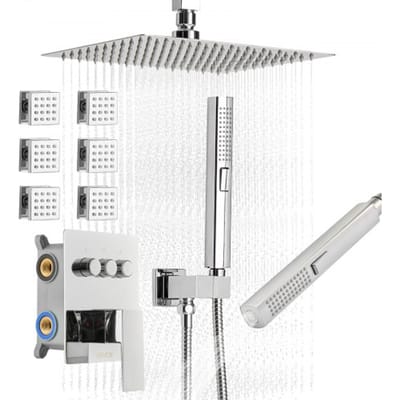 VEVOR Douchesysteemset met 10 inch regendouchesysteem / 6 lichaamssproeiers / 2-in-1 handdouche, draaibaar regenkopsysteem (3 functies), messing klep en afwerkingsset, chromen badkamer